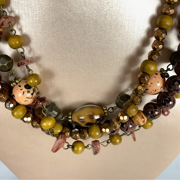 Premier Designs Necklace Layered 4 Strand Brown Green Wooden Beads Boho - Picture 3 of 5
